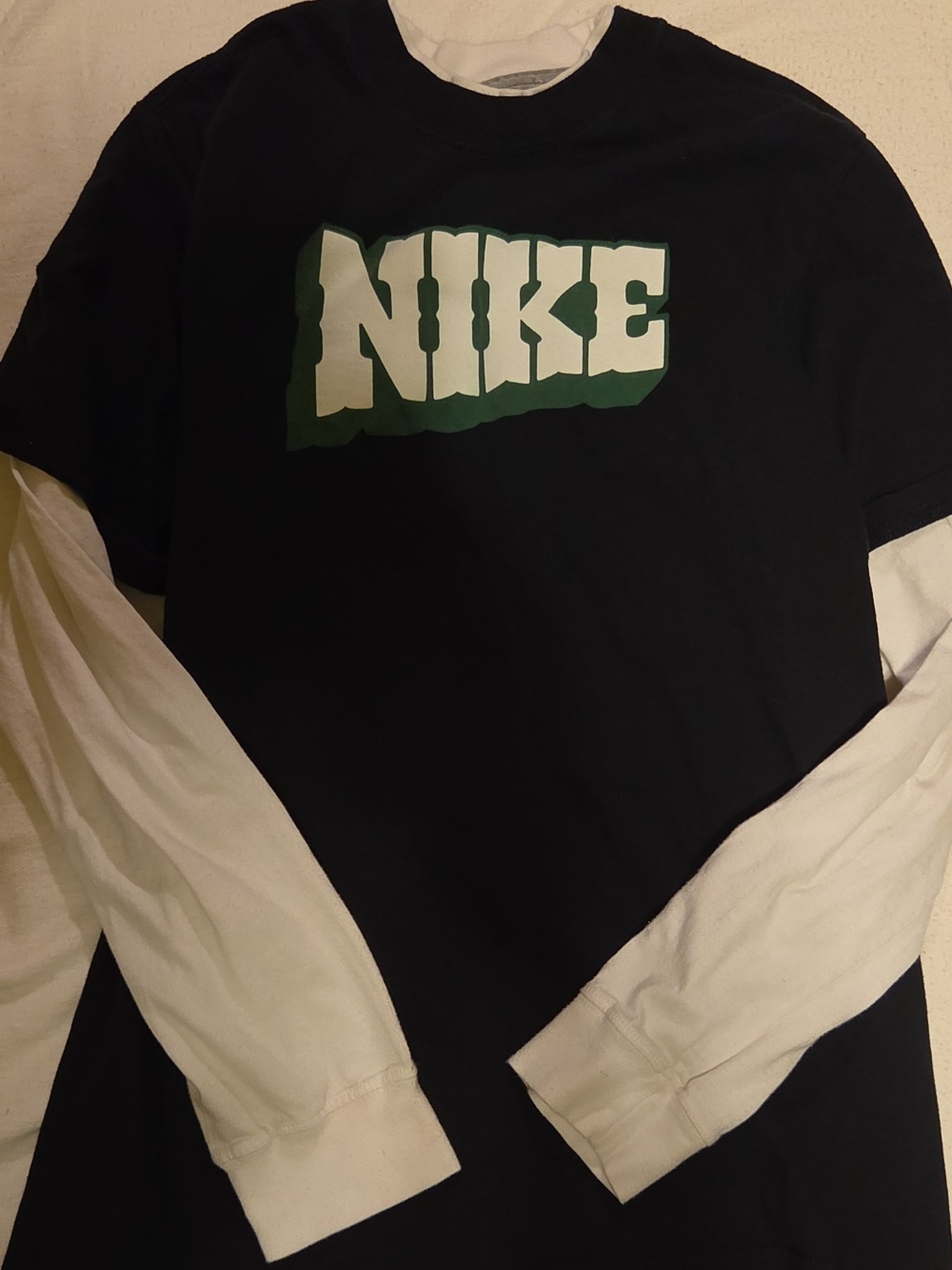 Nike Black Long-Sleeve Layered Tee with White Sleeves and Green Logo